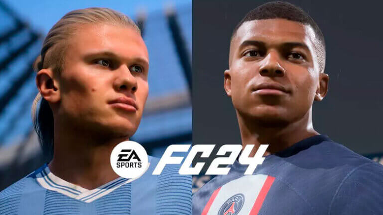 A side-by-side comparison of Erling Haaland and Kylian Mbappé in their EA Sports FC 24 avatars, showcasing their respective team jerseys and in-game stats.