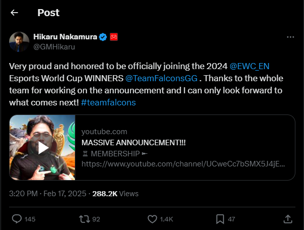 Hikaru Nakamura Joins Team Falcons for Esports World Cup 2025